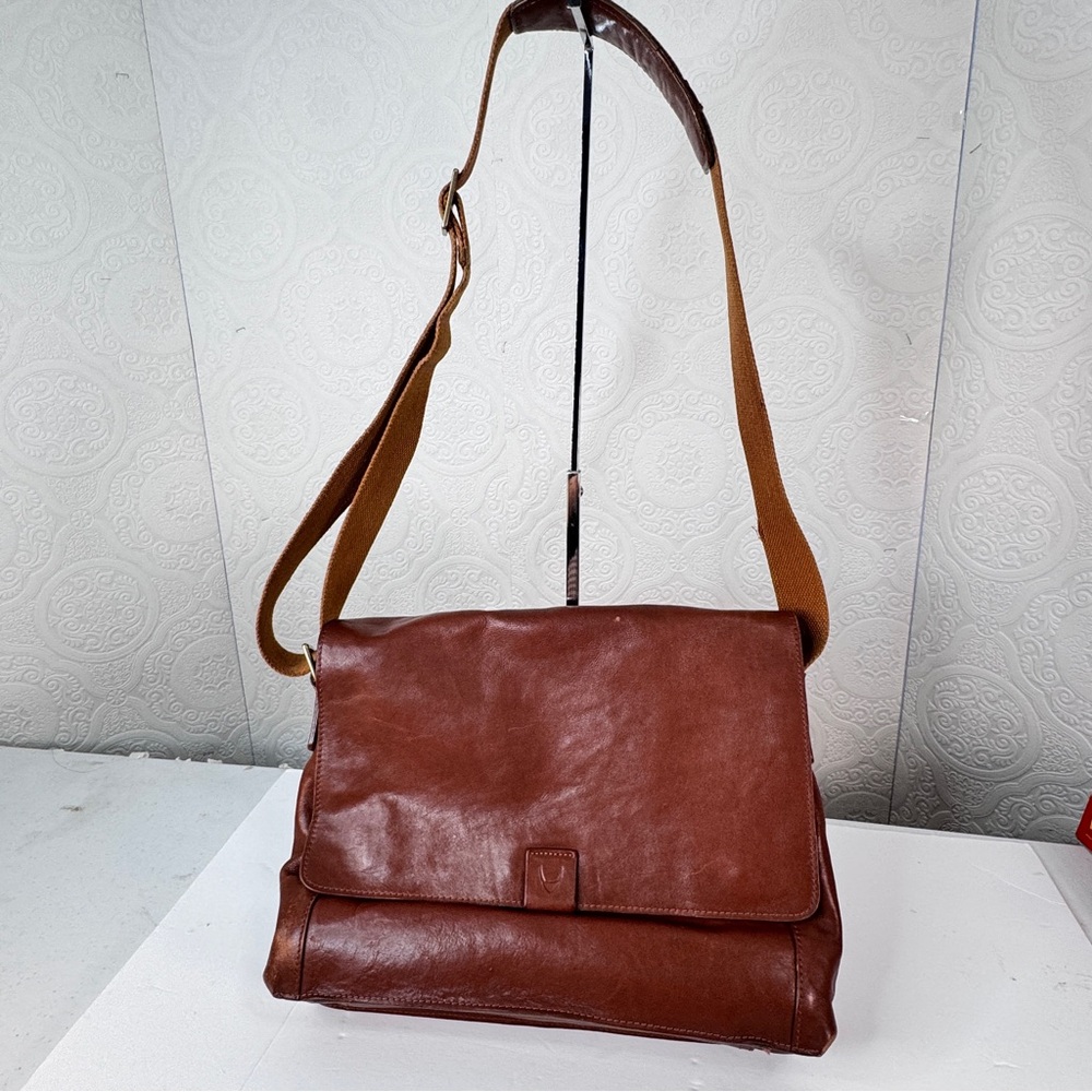 Vintage Hidesign Brown Leather Briefcase Messenger Crossbody Bag Cotton Strap